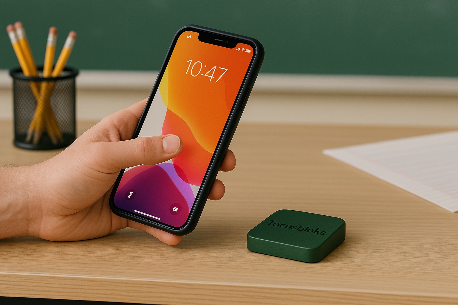 Hand tapping a phone to a Phone Jail device
